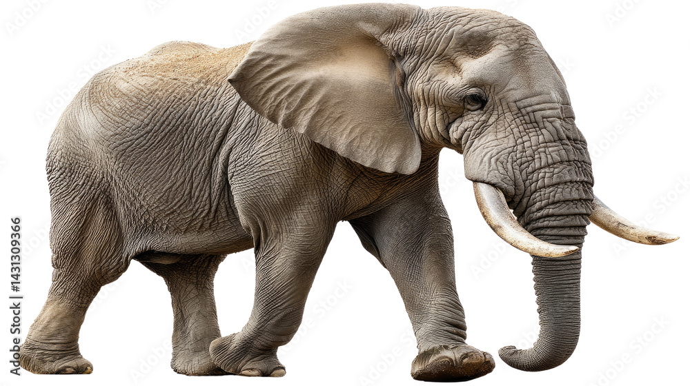 Obraz premium Majestic Elephant's Stroll: An imposing adult elephant, its wrinkled skin and ivory tusks gleaming in the sunlight, strides purposefully, embodying grace, strength.