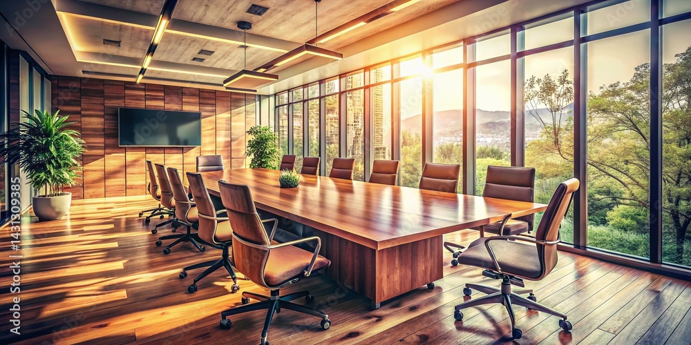 Fototapeta premium Vintage Style Modern Conference Room: Large Wooden Table, Ergonomic Chairs, Sleek Tech