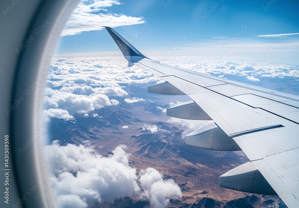 Fototapeta premium Airplane Wing Above Clouds and Desert Landscape