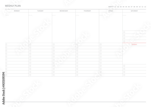 A weekly plan design template in a modern, simple, and minimalist style. Note, scheduler, diary, calendar, planner document template illustration.