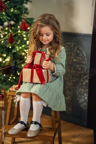 Obraz na płótnie Beautiful little girl with gift boxes at the Christmas tree. w salonie