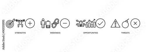 SWOT banner web icon vector illustration concept for strengths, weaknesses, opportunities and threats analysis with an icon of value, goal, break chain, low battery, growth, check, minus, and crisis