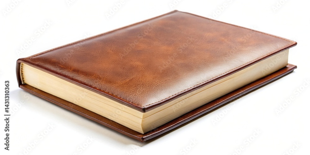 A Luxurious Brown Leather-Bound Book with Cream-Colored Pages, Isolated on a White Background A Luxurious Brown Leather-Bound Book with Cream-Colored Pages, Isolated on a White Background