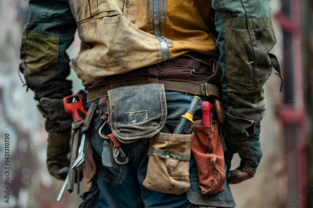 Close-up of a construction worker with a bag and tools kit worn on the waist Close-up of a construction worker with a bag and tools kit worn on the waist
