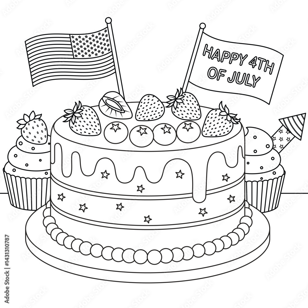 Happy 4Th of July Cake Coloring Page for Kids