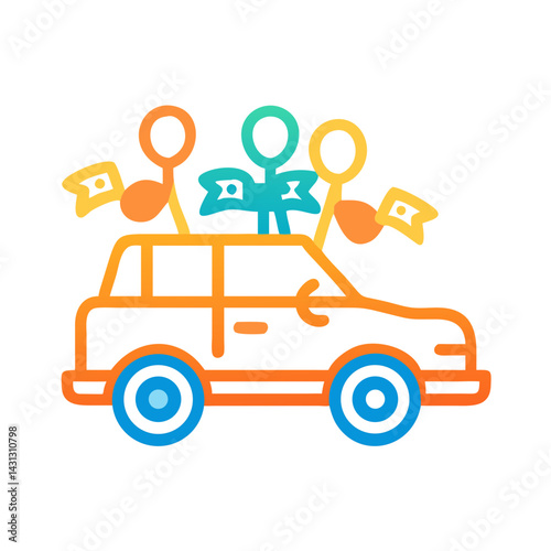 Celebration Car: Colorful Parade Vehicle Icon with Flags and Figures