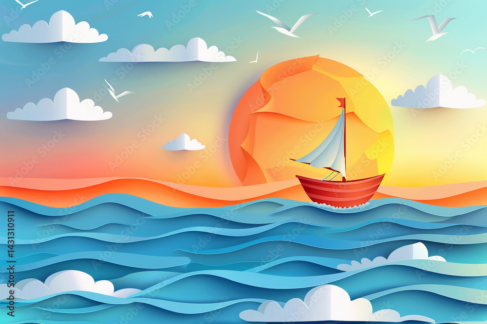 Naklejka premium A vibrant paper-cut illustration of a sailboat sailing on the ocean at sunset, with seagulls.