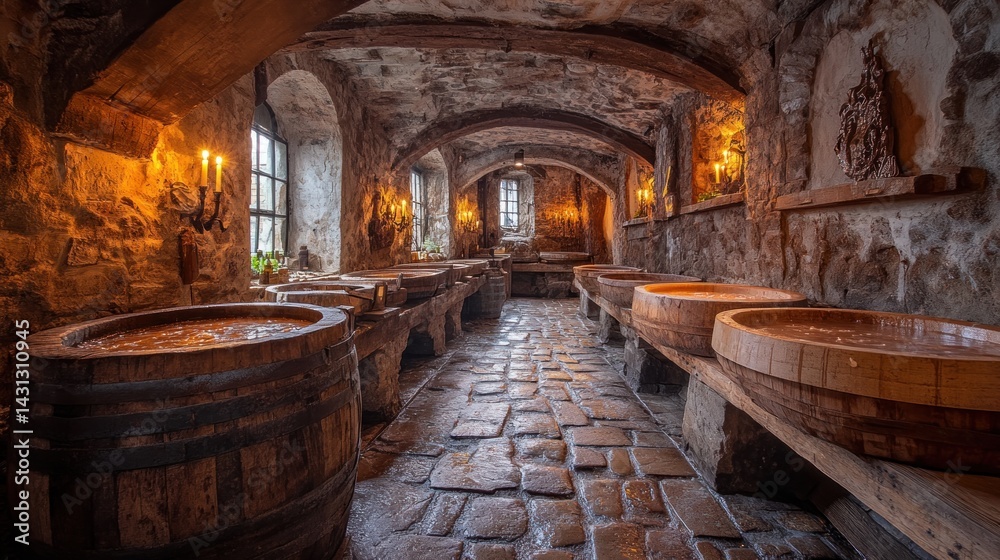 Ancient stone cellar with wooden barrels and candlelight. Ancient stone cellar with wooden barrels and candlelight.