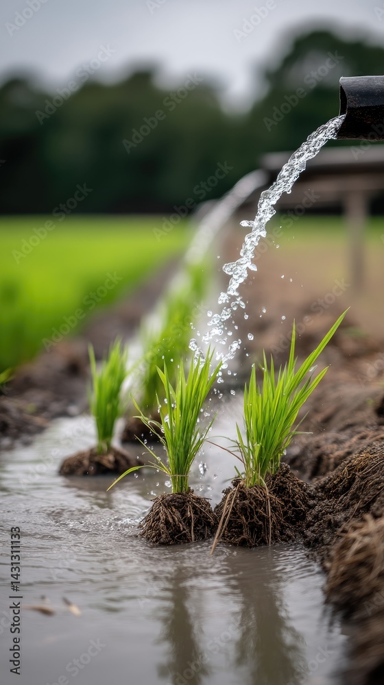 Fresh water flows from a pipe into a vibrant rice field, showcasing natural light and realistic detail in a serene agricultural setting