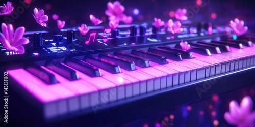 AI Composing Music with Glowing Notes Flowing from Futuristic Keyboard photo