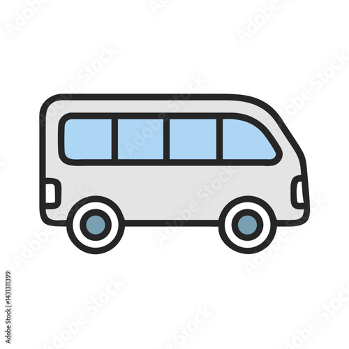 Illustration of a White Van with Blue Windows and Black Tires on Black