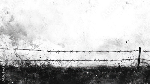 Barbed wire fence, stormy sky, grunge texture, bleak landscape, war backdrop