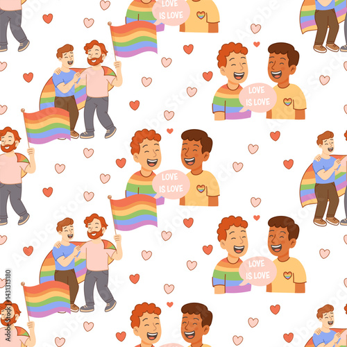 Seamless pride pattern with LGBTQ couples rainbow flags