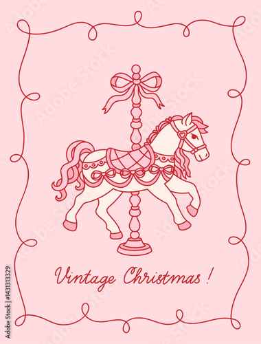Christmas greeting card with vintage carousel horse, bow, ribbon frame. Coquette retro aesthetic. Template with whimsical trendy animal. Vector illustration for invitation, poster, cover