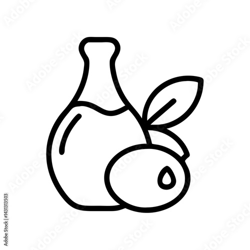 Illustration of a olive oil bottle with oil next to an olive and a leaf in black outline style drawing