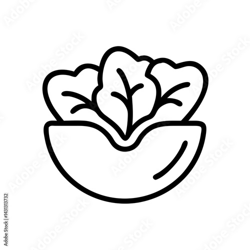A simplistic line drawing depicting a bowl filled with leafy greens, presented in black and white outline