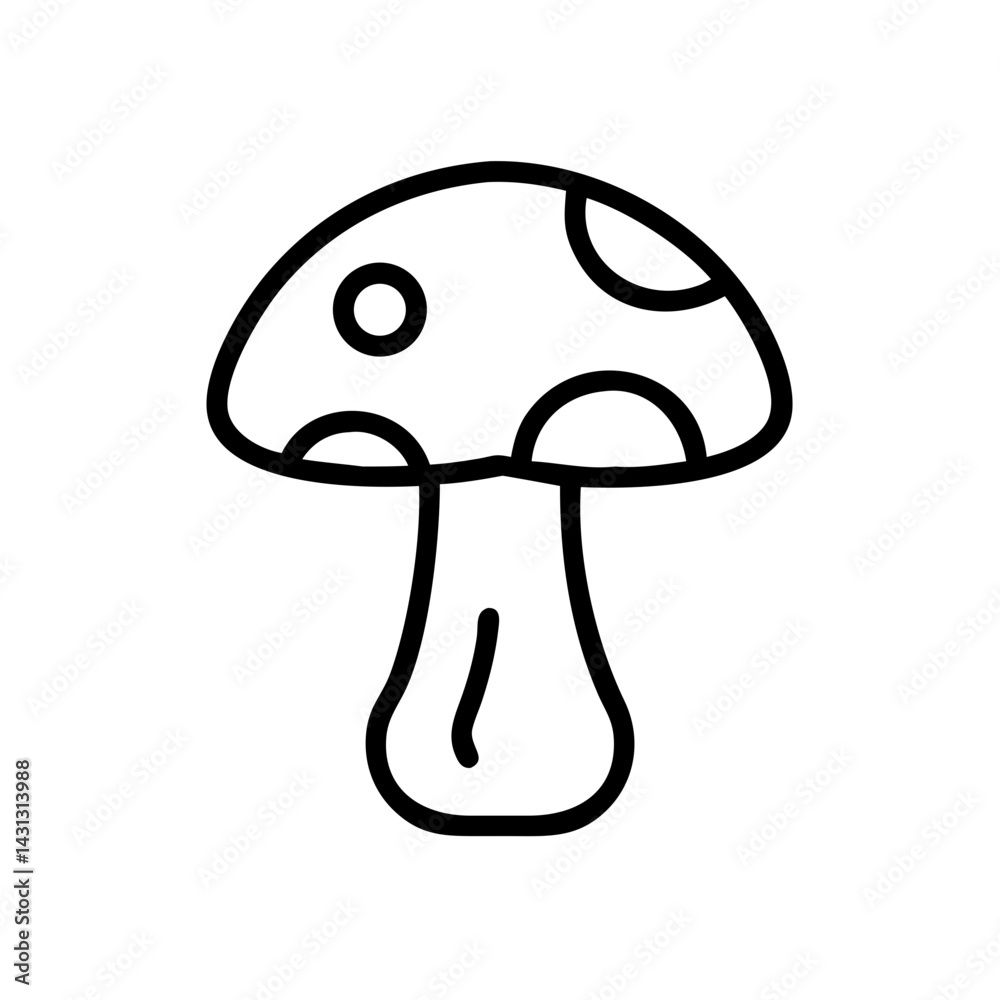 Illustration of a mushroom with a spotted cap and a thick stem in a simple black outline style Illustration of a mushroom with a spotted cap and a thick stem in a simple black outline style