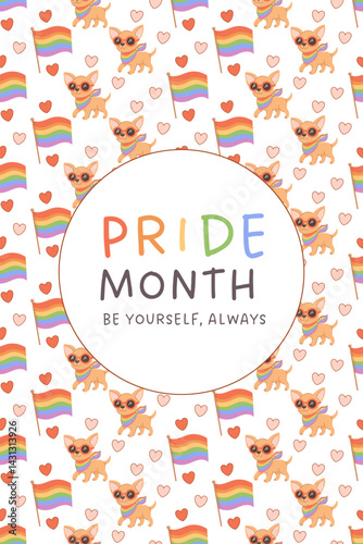 Cute LGBT pride month greeting card with rainbow love vibes