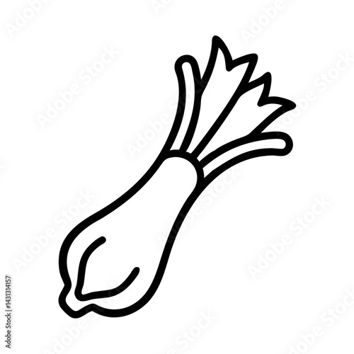 Illustration of a leek with green leaves and a white bulb outlined in black on a white background
