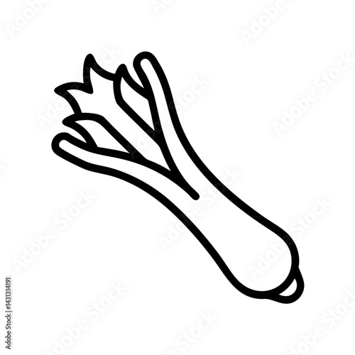 Illustration of a single leek with dark outline on a white background in a simple vector style image