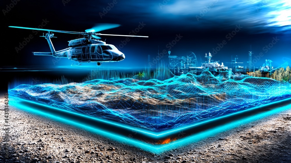 Advanced military technology showcasing holograms and AI integration with a helicopter in action