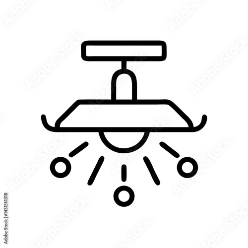 Outline drawing of a ceiling light fixture with a shade and decorative light orbs hanging below it shown