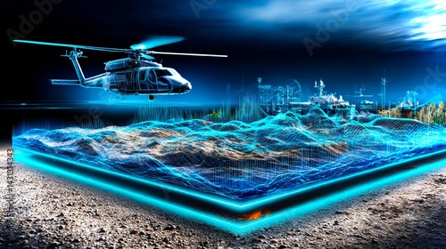 Obraz na płótnie Advanced military technology showcasing holograms and AI integration with a helicopter in action w salonie