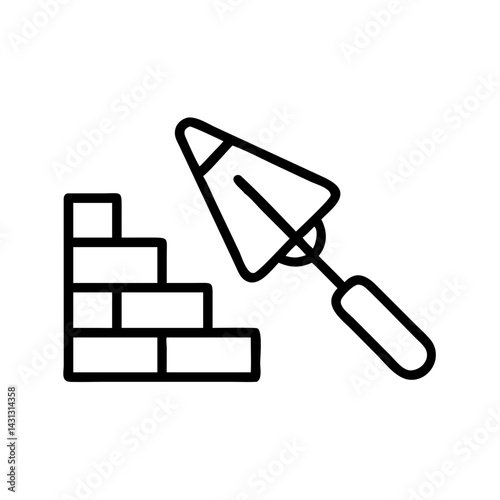 A simple line drawing showing a brick wall being constructed with a trowel for applying mortar