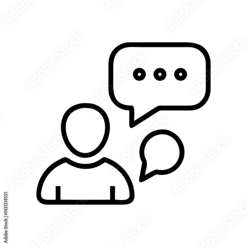 Person icon with speech bubbles indicating conversation or communication in a simple line drawing style