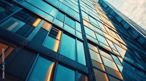 A tall building with many windows and a clear blue sky in the background. The windows are reflecting the sunlight  creating a bright and cheerful atmosphere