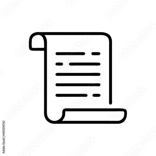 Illustration of a document with curled edges and horizontal lines representing text on a white background