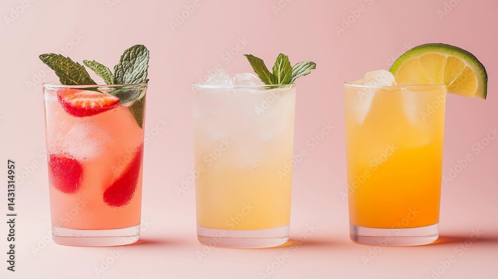 Three glasses of different colored drinks with a lime slice on top. The drinks are pink, yellow, and white