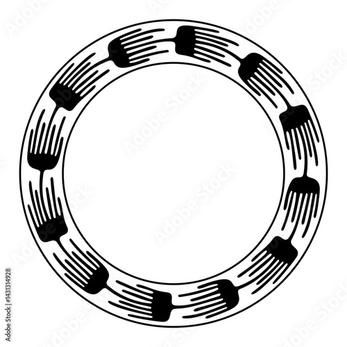 Circle frame with ancient Mexican floral motif. Decorative circular border using a pattern on an ancient cylindrical clay stamp, found in Los Remedios, Mexico. Isolated black and white illustration.