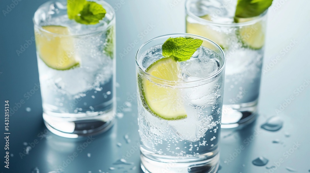 Three glasses of water with a lime slice in the middle. The glasses are on a blue surface Three glasses of water with a lime slice in the middle. The glasses are on a blue surface