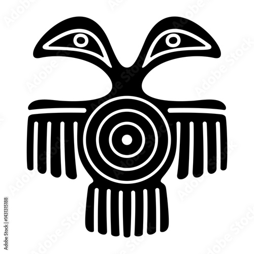 Fantastic bird motif of ancient Mexico. Aztec flat stamp motif with double-headed bird spreads his wings, and the optical illusion of eyes staring at you. Found in the historic center of Mexico City.