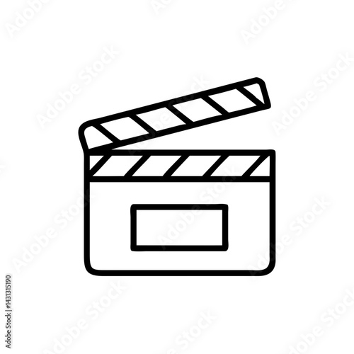 Illustration of a film clapperboard with a hinged arm and a rectangular display area in black outline