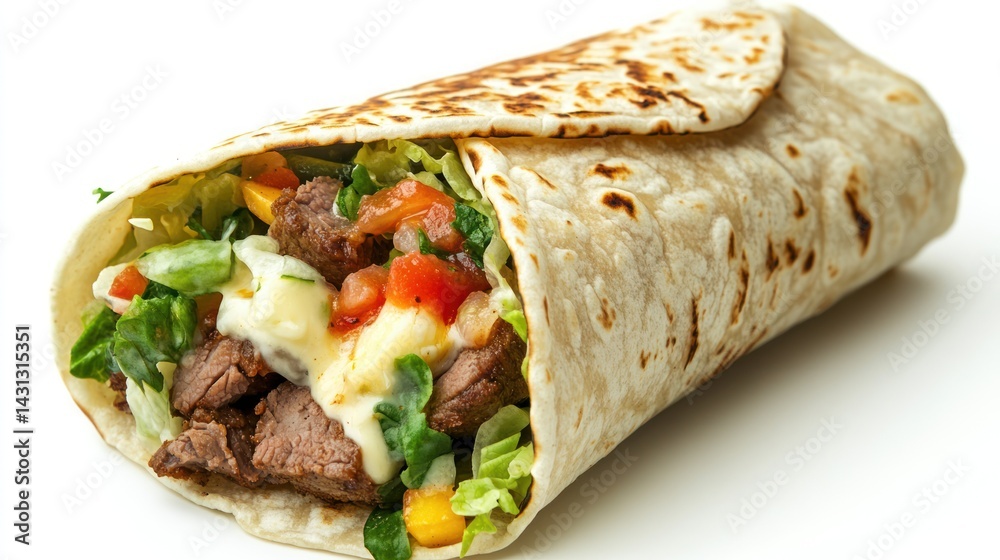 Delicious beef burrito with fresh vegetables and creamy sauce. Delicious beef burrito with fresh vegetables and creamy sauce.