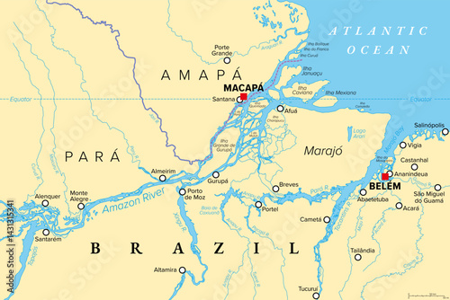 Amazon Delta, political map. River delta formed by the Amazon and Tocantins River in northern South America, located in the Brazilian states of Amapá and Pará and encompasses the Marajó Archipelago.