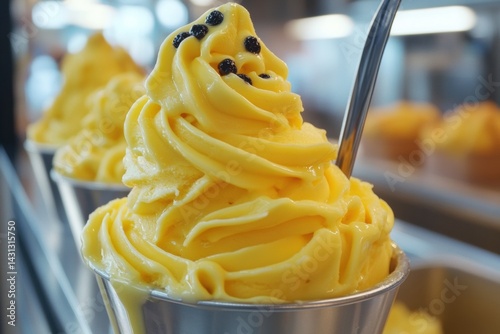 Creamy yellow soft serve ice cream with chocolate toppings in metal cup