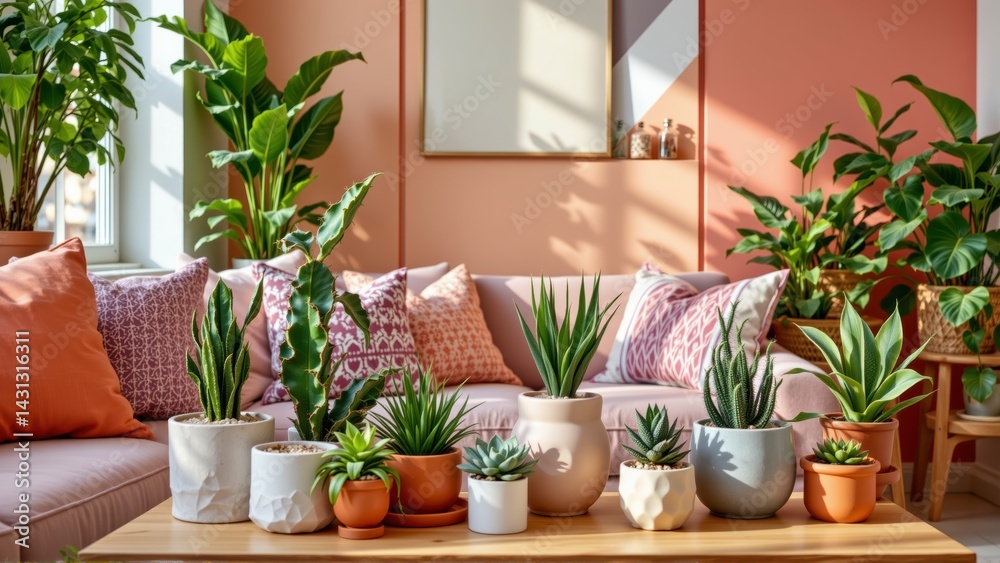 Fototapeta premium Cozy Indoor Living Room with Succulent Plants and Natural Light on Greenery Daytime