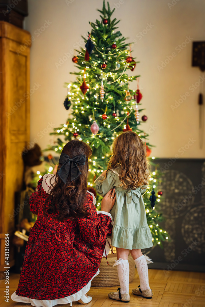 Beautiful mother and daughter at the Christmas tree.