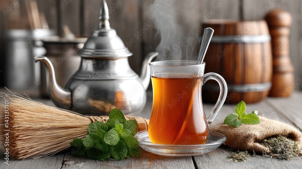 Tea is served alongside fresh mint and a birch broom, highlighting the charm of a traditional Russian bathhouse setup