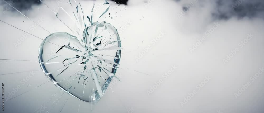 A delicate crystal heart explodes into shards amid swirling white smoke. Concept of heartbreak and the fragile nature of love.