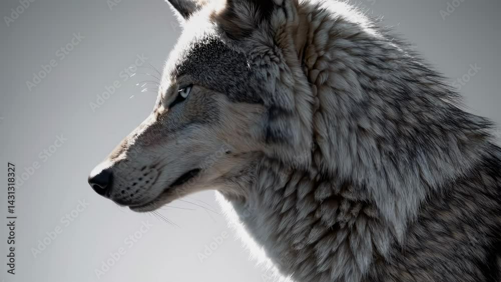 Wolf with thick fur and intense eyes in profile, natural wild habitat, focused look, sense of caution, independence, nature, wildlife connection, animal instincts, solitude.