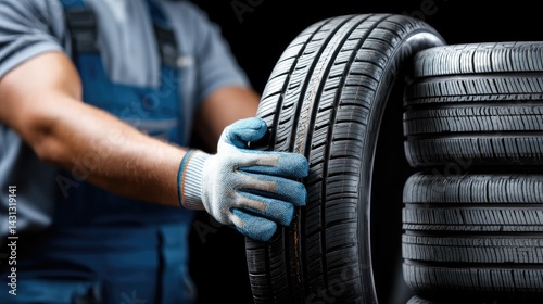Car mechanic in uniform stands near tire stack, showcasing a new tire with gloves on in a car service environment
