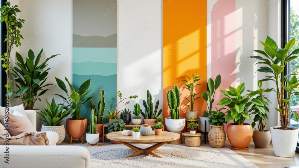 Fototapeta premium Cozy indoor garden with vibrant plants and stylish decor in a modern living space