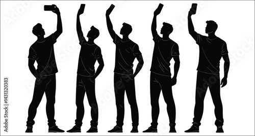 Group Of Men Silhouettes Taking Selfies With Smartphones In Black And White