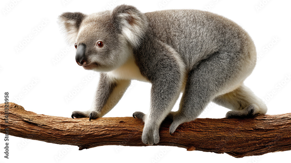 Naklejka premium Koala on a Branch: An adorable koala, with its soft grey fur and endearing eyes, perched gracefully on a sturdy tree branch. a picture of gentle moments, and appreciation for the wonders of nature.