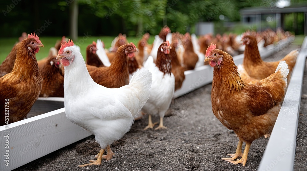 Chickens roam freely near an empty cage on a sunny day, surrounded by light soil and clucking eagerly in a farm atmosphere