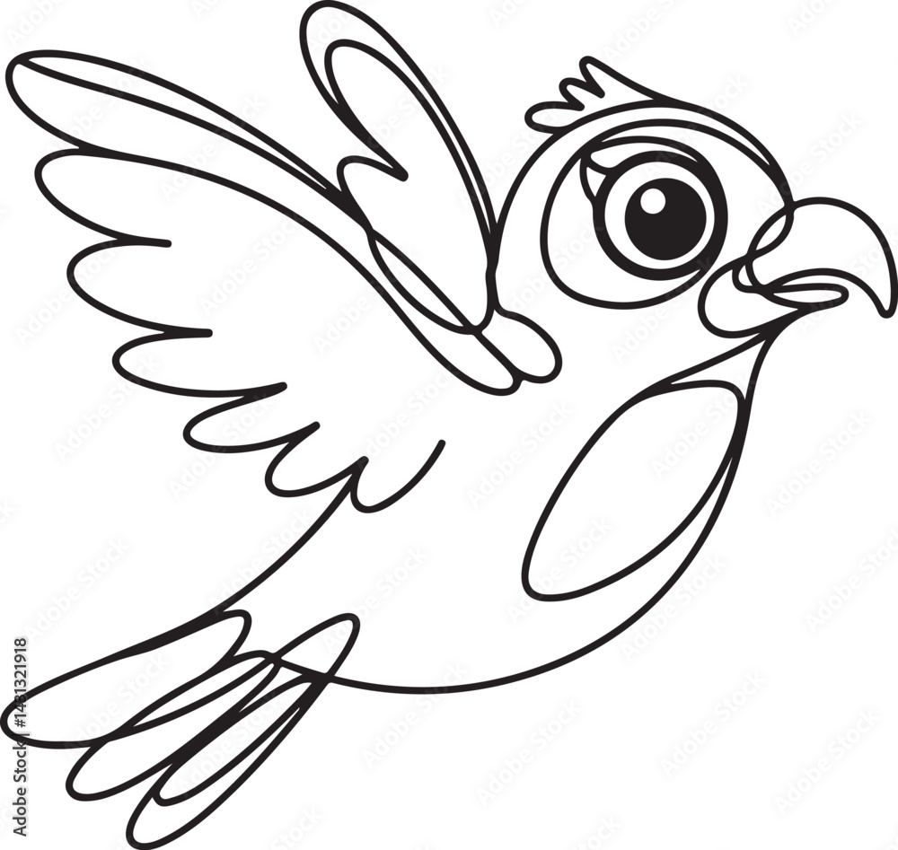 Obraz premium Simple continuous line art style illustration of a flying cartoon bird with wide wings and a curved beak in black and white on a clean white background